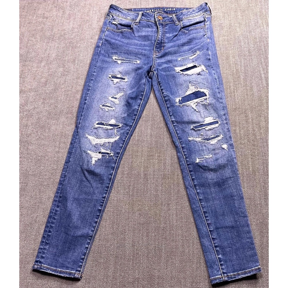 American Eagle Super Stretch Hi-Rise Jegging Crop Jeans Women 10 Blue Distressed